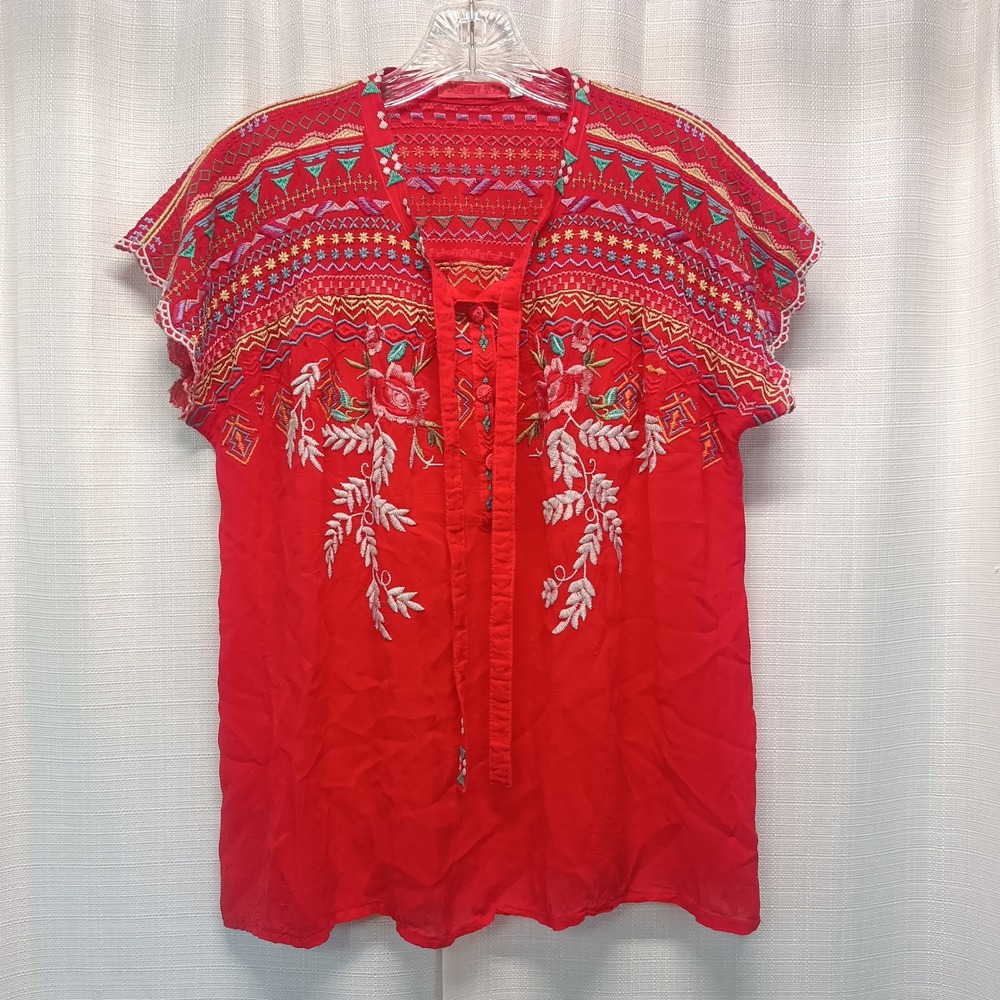 Johnny Was Red Embroidered Boho Blouse Cupra Rayon Floral Top Small Lightweight